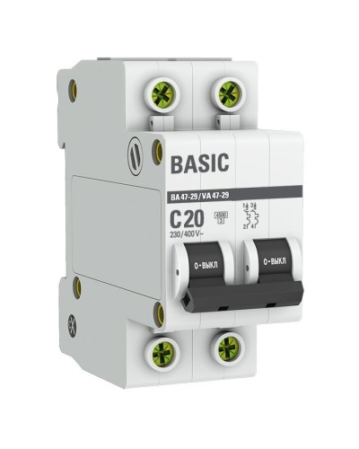 Автоматический выключатель 2P 20А (C) 4,5кА ВА 47-29 Basic (mcb4729-2-20C). Автоматический выключатель. EKF в Туле