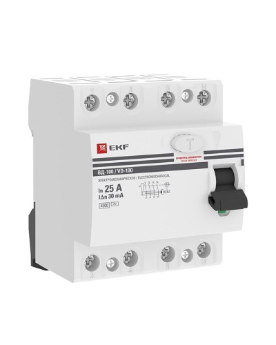 УЗО ВД-100 4P 25А 30мА тип AC эл-мех  PROxima (elcb-4-25-30-em-pro). Выключатель дифференциального тока (УЗО). EKF в Туле