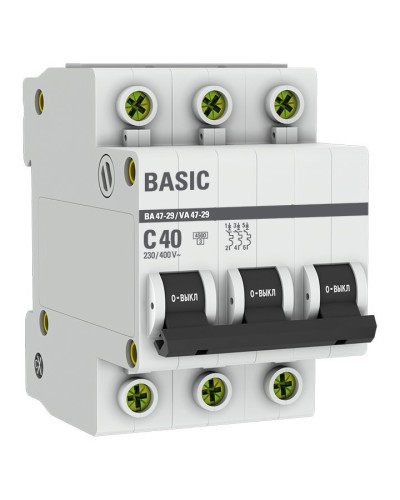 Автоматический выключатель 3P 40А (C) 4,5кА ВА 47-29 Basic (mcb4729-3-40C). Автоматический выключатель. EKF в Туле