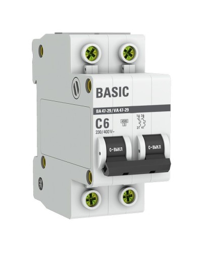 Автоматический выключатель 2P 6А (C) 4,5кА ВА 47-29 Basic (mcb4729-2-06C). Автоматический выключатель. EKF в Туле