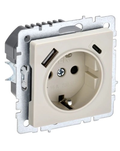 Розетка с з/к с USB A+C 18Вт РЮш11-1-БрКр бежевый BRITE (BR-R14-16-U22-018-K10). Розетка с заземлением с защитными шторками, 18Вт. IEK в Туле